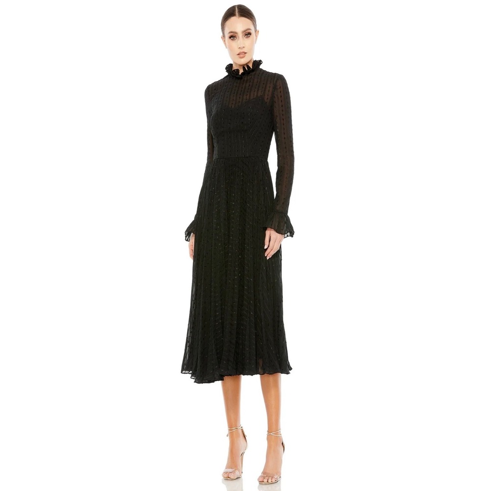 IEENA for Mac Duggal Black Swiss Dot Pleated Midi Dress 49627 Size 2